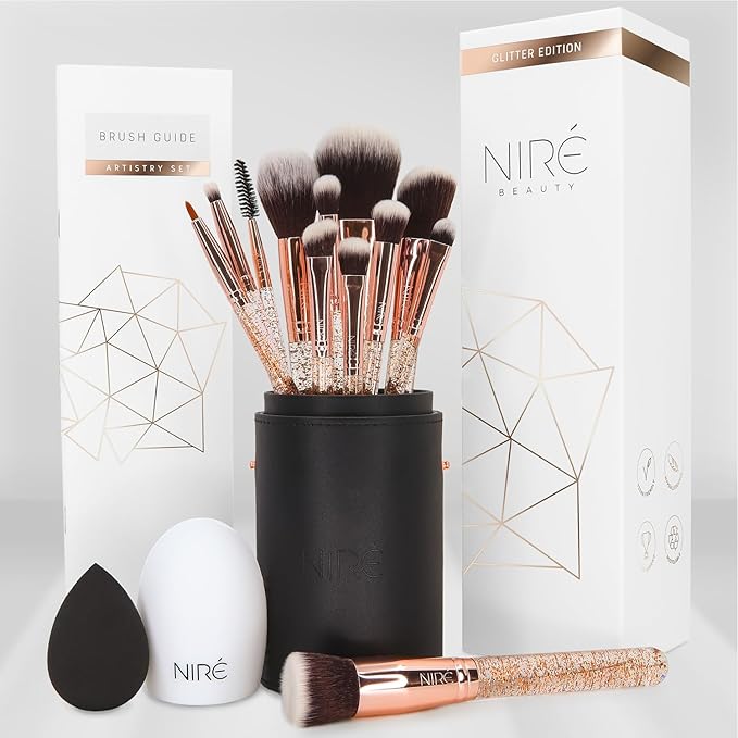 Niré Beauty 15piece Award Winning Glitter Makeup Brushes: Cute Makeup Brushes Set with Case, Beauty Blender, Cleaner, Guide, Gift Box-Velvo Beauty