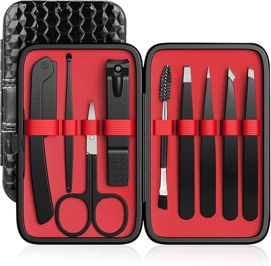 Tweezers Set, Hyxhappy 9 pcs Professional Stainless Steel Tweezers Kit for Facial Hair, Precision Plucker Eyebrow Tweezer Kit with Luxurious Travel Case as Stocking Stuffers Gifts for Women/men-Velvo Beauty
