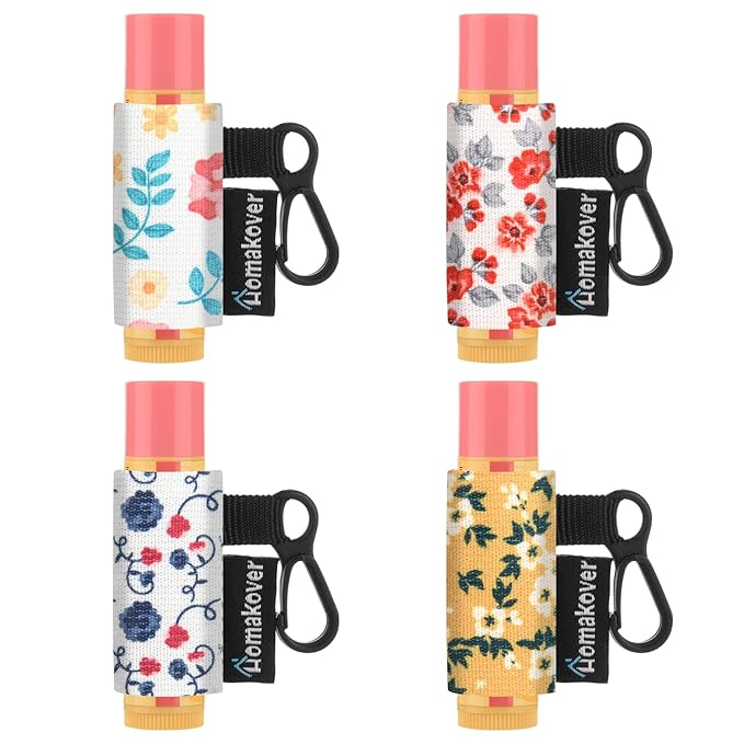 4 Pack Compact Clip-On Chapstick Holder Lip Balm Holder Keychain, Premium Release Clip Elastic Sleeves Lip Gross Holder Keychain Clip On Lipstick Sleeve, Fits Most Standard Lip Balm-Velvo Beauty
