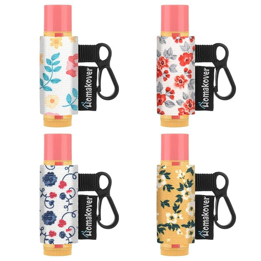 4 Pack Compact Clip-On Chapstick Holder Lip Balm Holder Keychain, Premium Release Clip Elastic Sleeves Lip Gross Holder Keychain Clip On Lipstick Sleeve, Fits Most Standard Lip Balm-Velvo Beauty