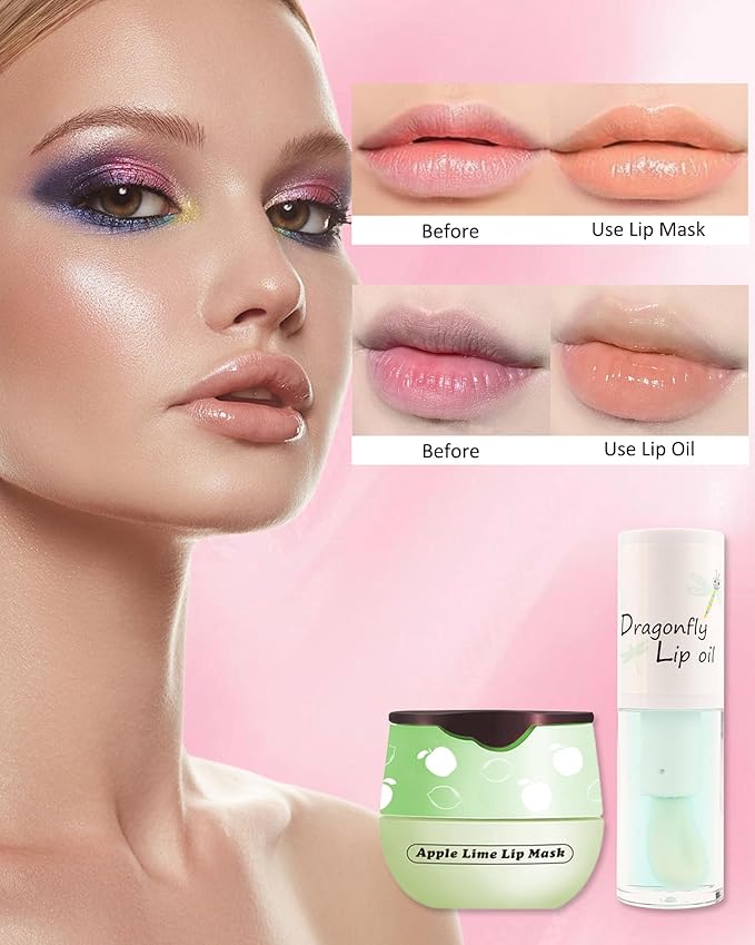 2Pcs Apple Lime Lip Bee Balm Honey Pot Lip Mask & Lip Glowy Oil Lip Gloss Care Set, Propolis Moisturizing & Nourish Lip Gloss Repair, Plump Dry Cracked Lip Scrub Exfoliator bálsamo para labios -Set D-Velvo Beauty