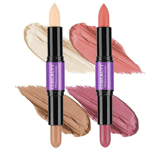 CCbeauty 2pcs 2-IN-1 Matte Contour Highlighter Stick with Blush,Cream Dual-End Highlight Bronzer Concealer & Blusher for Cheeks & Lip, Long Lasting Contouring for Face Shaping Makeup, Light-Medium-Velvo Beauty