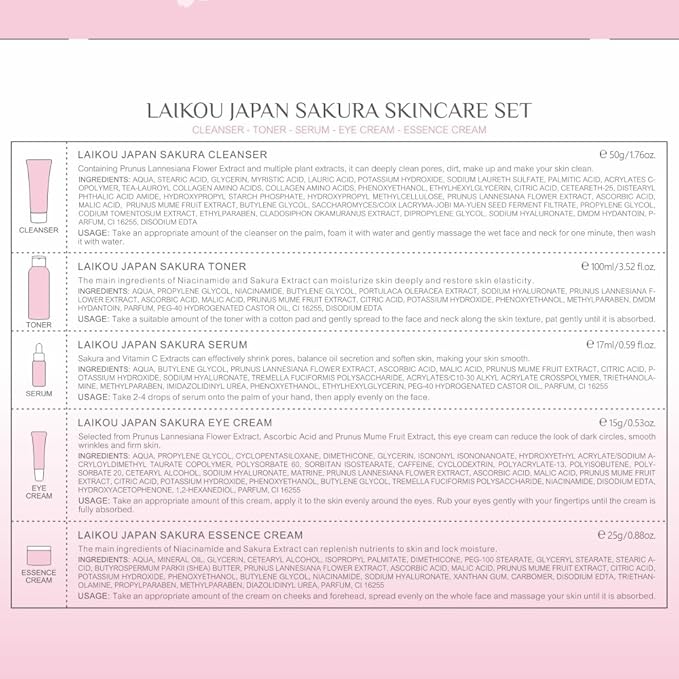 Skin Care Set JAPAN SAKURA Women Beauty Gift Sets Skin Care Kit with Cleanser, Toner, Serum, Eye Cream, Face Cream Travel Kit for Women Teen Girls Mom Daughter Birthday TSA-friendly Sizes 5pcs-Velvo Beauty