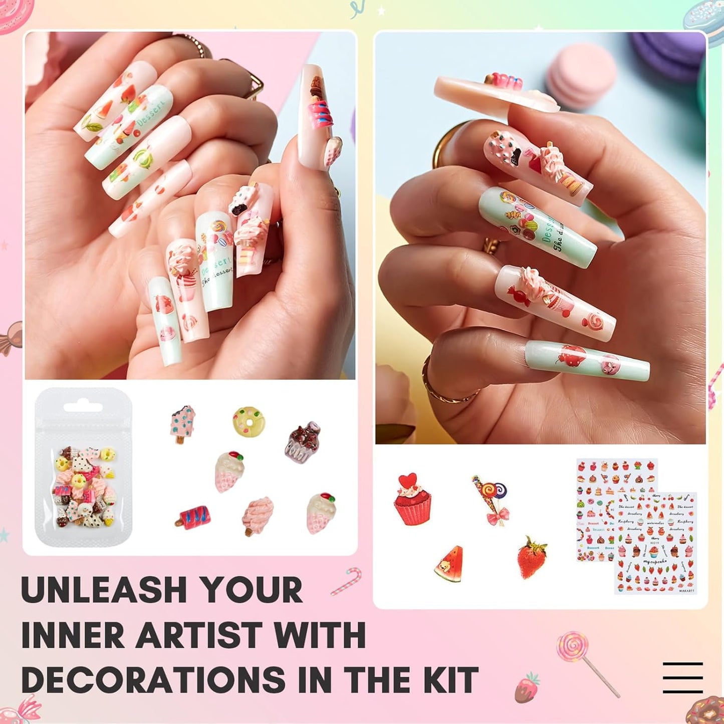 Makartt Nail Decorating Kit, 10pcs Designer Nail Stickers, Cute Dessert Nail Art Decor for DIY Manicure, Salon Accessories for Creative Nails Designs-Velvo Beauty