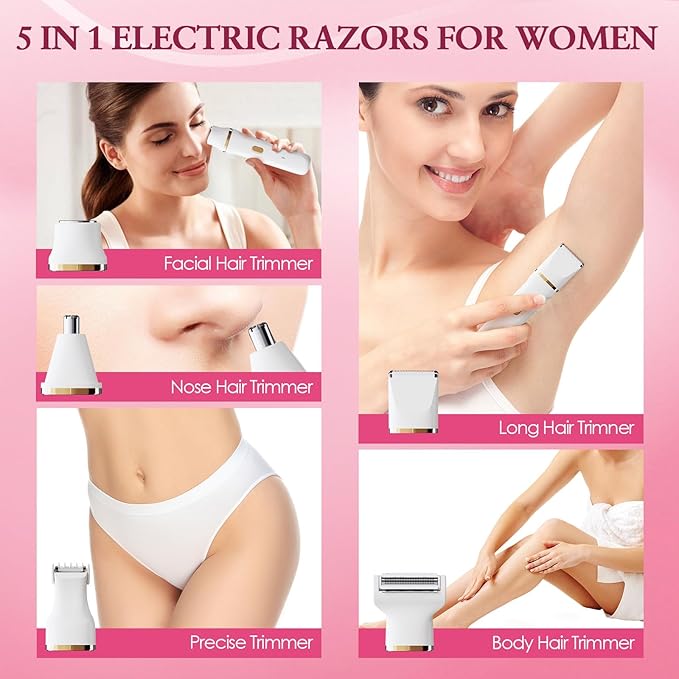 Bikini Trimmer for Women - 5 in 1 Electric Razors for Ladys Pubic Facial Nose Body Leg Hair Removal, Waterproof Electric Shaver for Women Private Area Sensitive Skin, Personal Hair Trimmer-Velvo Beauty