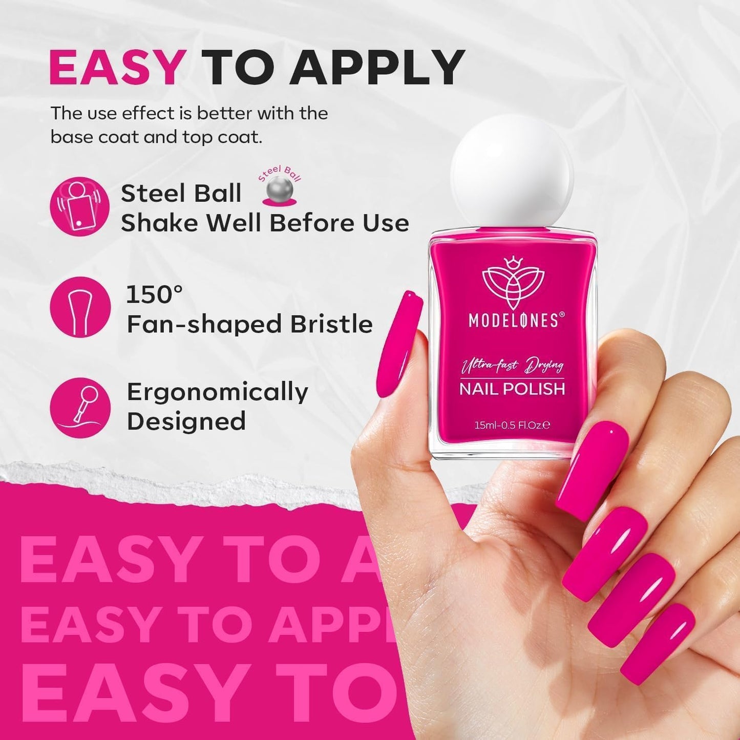 modelones Hot Pink Nail Polish, 15ML Bright Pink Quick Dry Nail Lacquer Strengthener Long Last Shine Fingernail Toe Nail Art DIY Valentine's Day Manicure Gift for Women Girls-Velvo Beauty