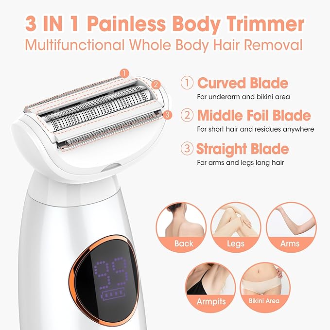 5 in 1 Bikini Trimmer for Women,IPX7 Waterproof Cordless Replaceable Pubic,Eyebrow,Facial Electric Razors&Nose Hair Trimmer&Painless Body Shaver for Arms Legs Underarms,USB Charge,LED Display,Wet&Dry-Velvo Beauty