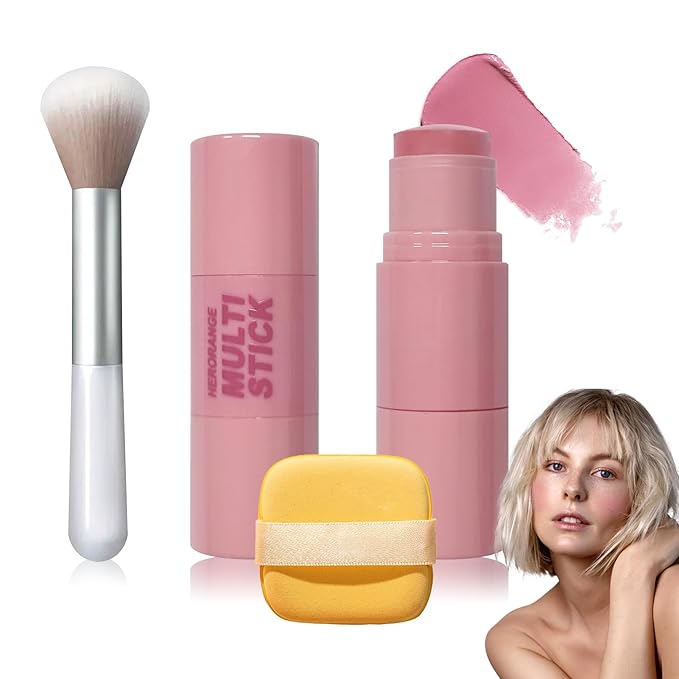 Cream Blush Stick with Brush and Makeup Sponge,Waterproof Multi Cream Makeup Stick,Lightweight,Long-lasting,2 in 1 Multi Blush for Cheeks & Lip Tint & Eyeshadow S-Velvo Beauty