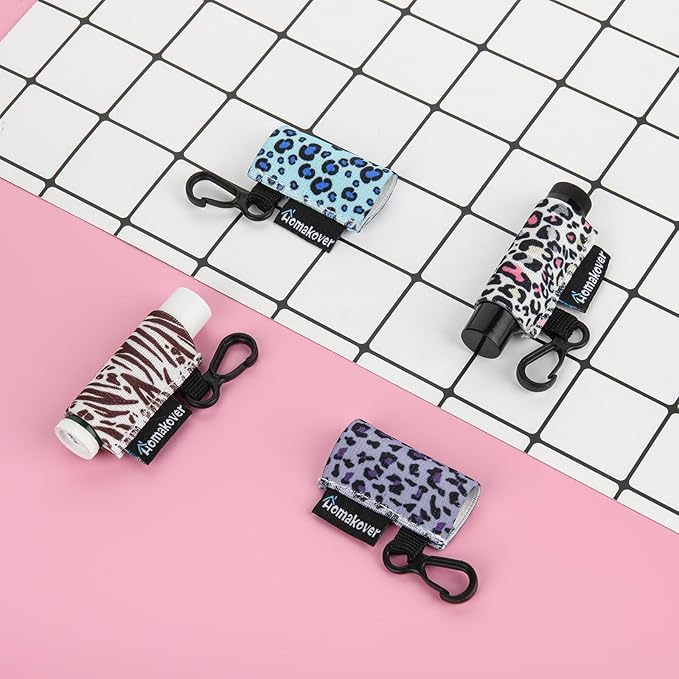 4 Pack Keychain Chapstick Holder, Leopard Pattern - Elastic Band, Fits Most Standard Lip Balm, Quick-Release Clip, Unisex-Adults-Velvo Beauty