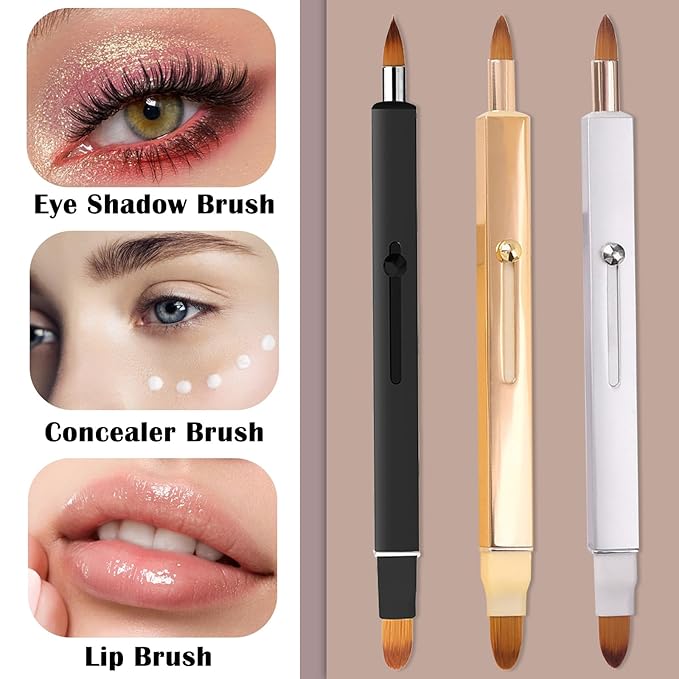 3 Pack Lip Brush for Lipstick Makeup Brushes Double-Ended Retractable Lip Brush with Cap Dustproof for Lipstick Gloss Creams Portable with Cap(Black + Gold + Silver)-Velvo Beauty