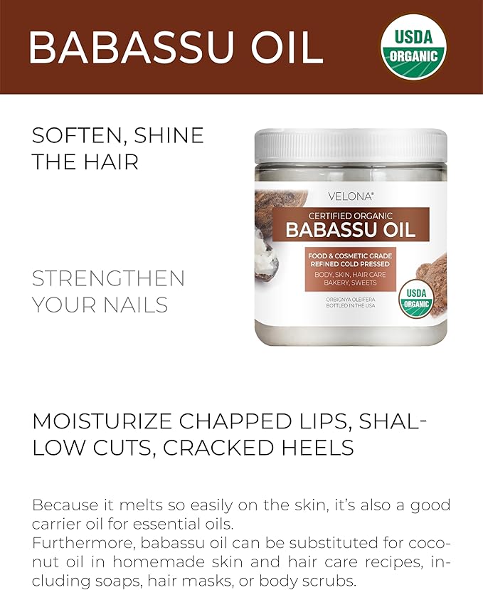 velona Babassu Oil USDA Certified Organic - 16 Fl Oz | 100% Pure and Natural Carrier Oil | Refined, Cold Pressed | Face, Hair, Body & Skin Care and Cooking | Use Today - Enjoy Results-Velvo Beauty
