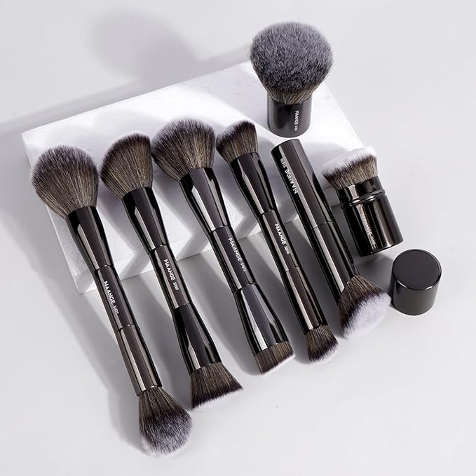 MAANGE 7pcs Makeup Brush Set Double Sided Kabuki Makeup Brushes Contour Brush for Foundation Liquid Powder Concealer Cream Cosmetics Bronzer Blending Blush Buffing Makeup Tools (Black)-Velvo Beauty