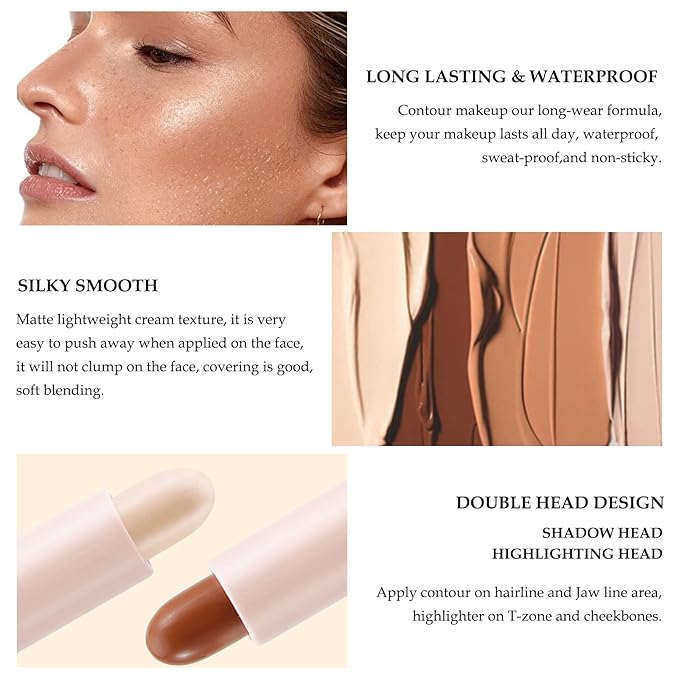 Boobeen Highlight and Contour Stick Dual-ended Contouring Cream Makeup Pencil Kit, Long Lasting & Waterproof Face Bronzer and Highlighter Makeup Stick Shadow Pen, Pack of 1-Velvo Beauty