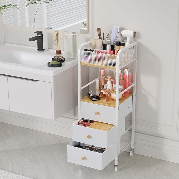 HapiRm Rolling Makeup Cart Organizer - Floor Skincare Make Up Storage with 3 Drawers, Vanity Organizer Cosmetic Display Cases Holder for Skin Care Perfume Nail Polish Brush Hair Tool-Velvo Beauty