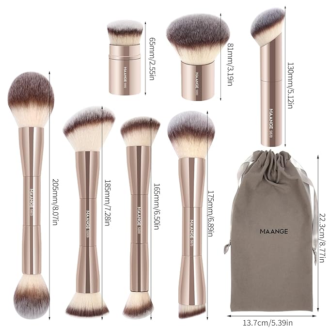 MAANGE 7pcs Makeup Brush Set Double Sided Kabuki Makeup Brushes Contour Brush for Foundation Liquid Powder Concealer Cream Cosmetics Bronzer Blending Blush Buffing Makeup Tools (Gold)-Velvo Beauty