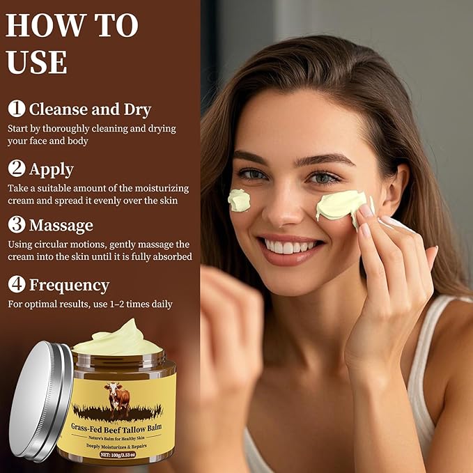 Beef Tallow for Skin, Tallow and Honey Balm, Facial Moisturizer Cream, 100% Organic Grass Fed Whipped Beef Tallow Balm Deeply Moisturizing for Face & Body, Suitable For All Skin Types(3.53oz)-Velvo Beauty