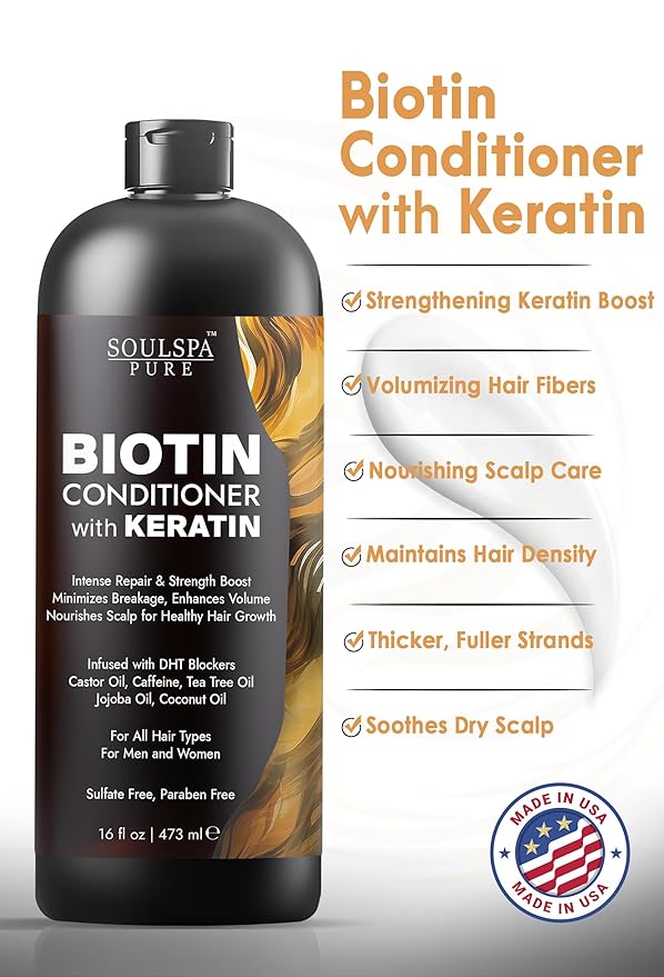 Biotin Conditioner with Keratin - Intense Repair & Strength Boost Formula - Nourishes Scalp for Healthy Hair Growth, with Tea Tree Oil & DHT Blockers, for Men & Women, 16 fl oz - SOULSPA PURE-Velvo Beauty