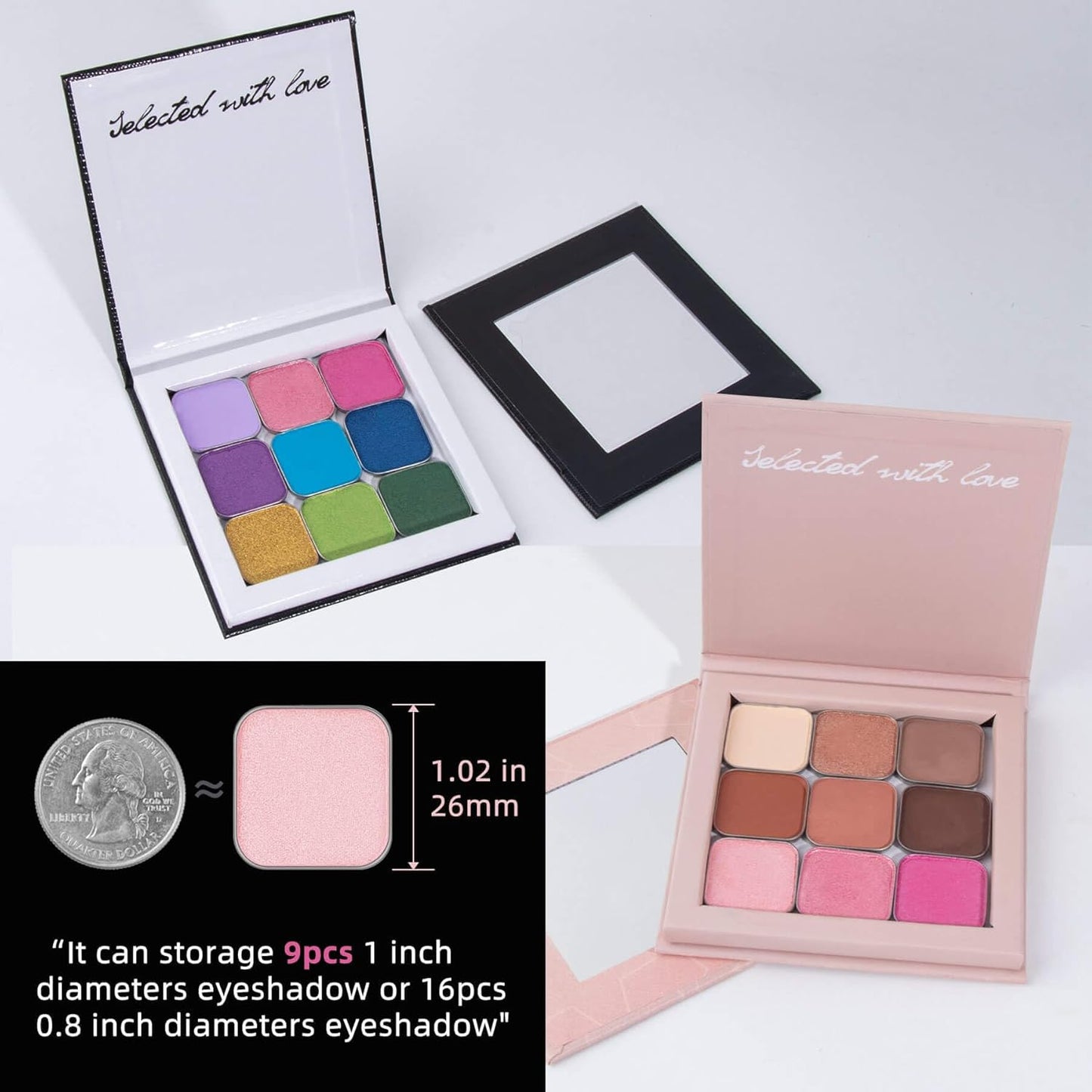 Pink&Black Magnetic Refillable Makeup Palette with Mirror – Lightweight, Durable, Travel-Ready Case for Eyeshadow, Blush, Lipstick – Includes Spatula & 20 Stickers – Small, Waterproof Paperboard-Velvo Beauty