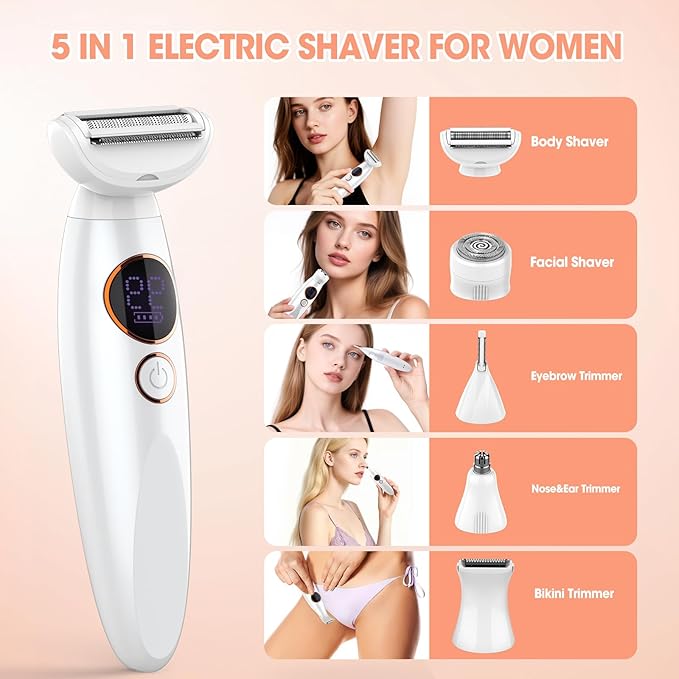 5 in 1 Bikini Trimmer for Women,IPX7 Waterproof Cordless Replaceable Pubic,Eyebrow,Facial Electric Razors&Nose Hair Trimmer&Painless Body Shaver for Arms Legs Underarms,USB Charge,LED Display,Wet&Dry-Velvo Beauty