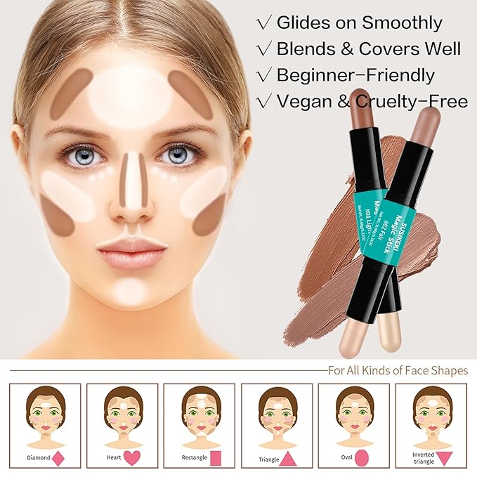 Contour Stick, 2Pcs Dual-Ended Highlighter Makeup Pen & Contouring Stick for Face Shaping, Long Lasting Waterproof Cream Bronzer & Highlight Sticks Make Up Kit for All Skin Tones (01# + 02#)-Velvo Beauty