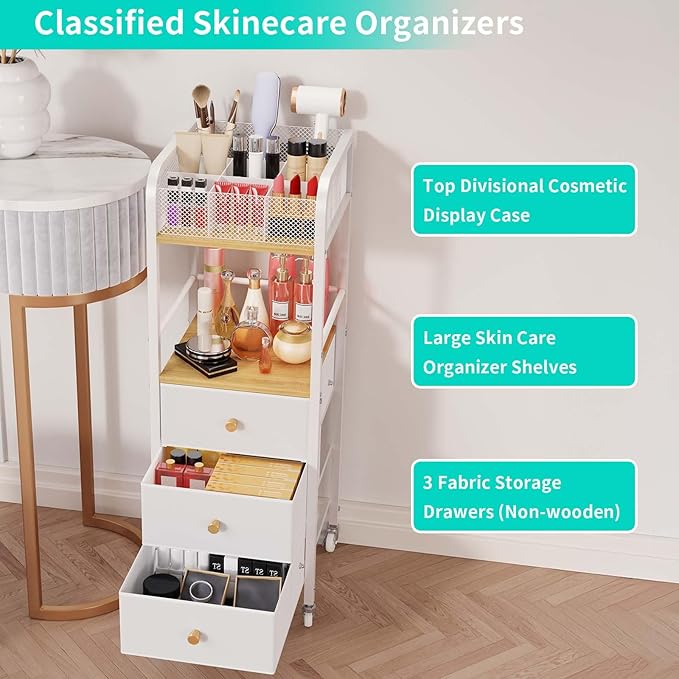 HapiRm Rolling Makeup Cart Organizer - Floor Skincare Make Up Storage with 3 Drawers, Vanity Organizer Cosmetic Display Cases Holder for Skin Care Perfume Nail Polish Brush Hair Tool-Velvo Beauty