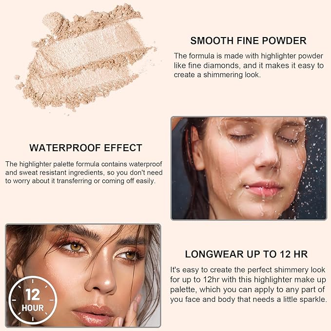 Face Highlighter Palette with Mirror, 8 Colors Glitter Eyeshadow Palette, Diamond Shimmer Glow Contour Palette for Face Highlighters & Luminizers, Long Lasting, Makeup Brush Include-Velvo Beauty