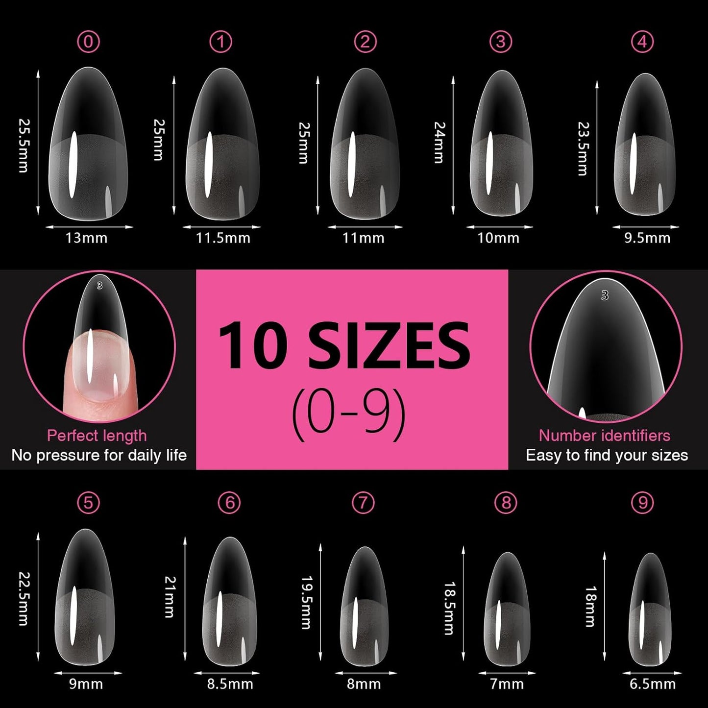 Medium Almond Nail Tips 500PCS, Clear Acrylic Full Cover Gel Press on Nail Tips for DIY, 10 Sizes Pre-Shaped False Nails with Half Matte Finish, Professional Manicure Kit & Easy Application-Velvo Beauty