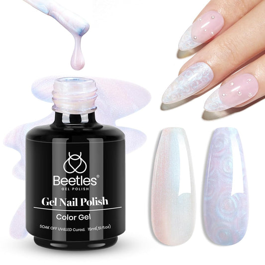 Beetles Pearl Gel Nail Polish - Swirling Clouds 15ML Pearl White Gel Polish Shimmer Mermaid Iridescent Pearlescent Nail Polish Soak Off Uv LED Lamp Need Manicure Salon DIY Nail Art Gift for Women-Velvo Beauty