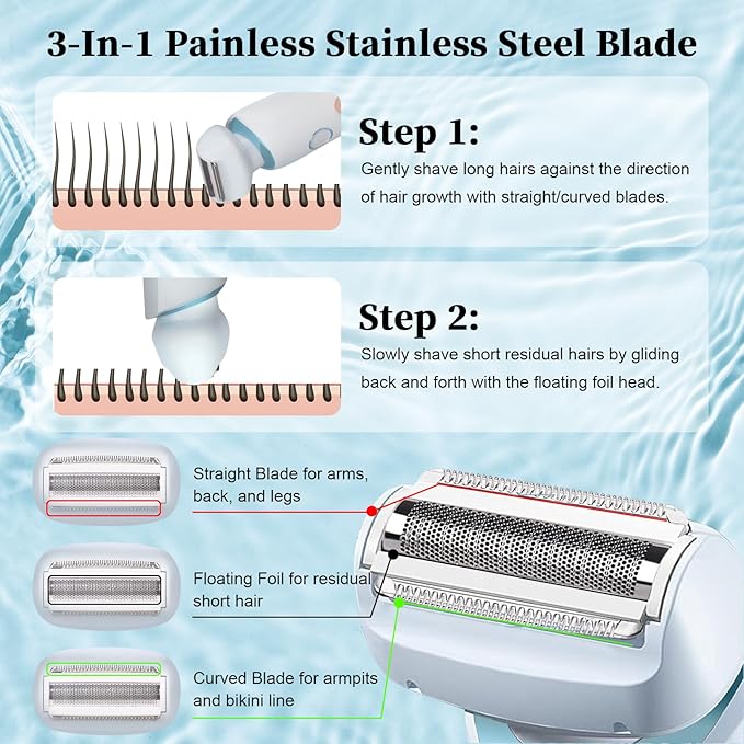 Electric Shaver Razors for Women 2-IN-1 Electric Razor for Womens Legs Underarm Face Pubic Hairs,Wet Dry Use Rechargeable Bikini Trimmer Hair Removal with Detachable Head,Painless IPX7 Waterproof Blue-Velvo Beauty