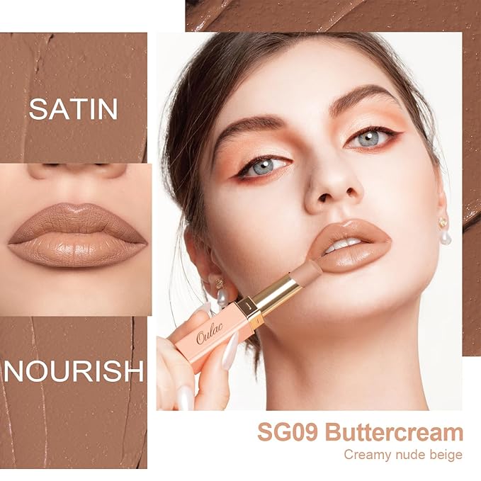 Oulac Color Rich Satin Lipstick - Nude Beige Full Coverage Lip Color, Creamy Silky-Smooth, Moisturizing, Satin Matte Finish, Infused With Shea Butter, Vegan & Clean Beauty, 4g, SG09 Buttercream-Velvo Beauty