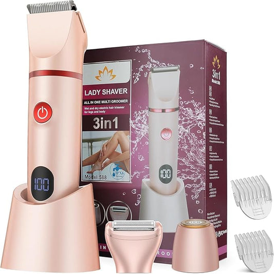 Bikini Trimmer for Women, 3 in 1 Electric Razors for Women, Rechargeable Electric Bikini Shaver, Waterproof Pubic Hair Trimmer and Facial Hair Remover with LED Display-Velvo Beauty