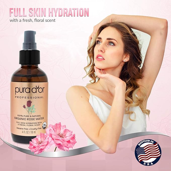 PURA D'OR Organic Rose Water Toner (4oz / 118mL) Eau Fraiche, 100% Pure Full Skin Hydration, Control Excess Oils & Acne - Cleanses & Softens - Promotes Healthy Skin Cell - for All Skin Types-Velvo Beauty