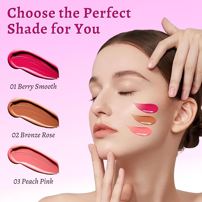 UCANBE 3PCS Liquid Blush Set – Dewy Cream Blush Makeup for Cheeks – Lightweight Long Lasting Blendable Buildable Formula for Natural Flush(Berry Smooch, Bronze Rose, Peach Pink)-Velvo Beauty