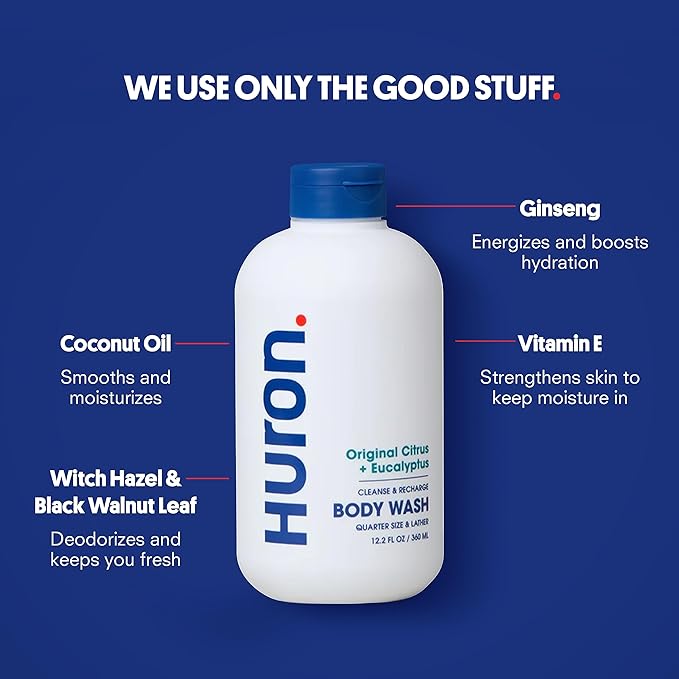 Huron Body Wash Scent Duo - Citrus + Eucalyptus & Sandalwood + Black Pepper Scents - Men’s Body Wash - Made With Coconut Oil, Vitamin E & Witch Hazel - Vegan, Cruelty-Free - 2 Pack, 12.2 fl oz-Velvo Beauty