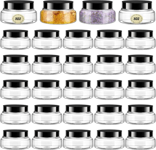 Tessco 24 Pack Plastic Jars with Lids Labels Empty Clear Plastic Jars Round Refillable Cosmetic Containers Body Butter Containers Bulk Sugar Scrub Bottle for Make Up(5 oz,Clear, Black)-Velvo Beauty