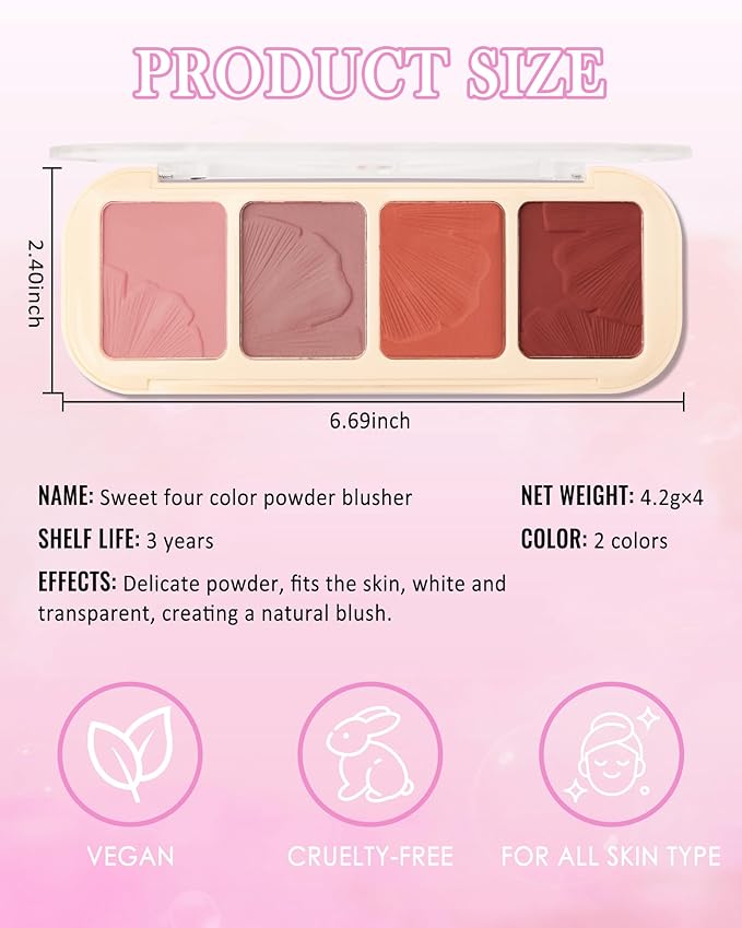 Matte Face Blush Palette Kit with Brush-4 Colors Pink Purple Orange Silky Mineral Blendable Blusher Contour Powder for Cheeks,Longlasting Professional Facial Beauty Makeup Gift for Women Girl-Set 01-Velvo Beauty