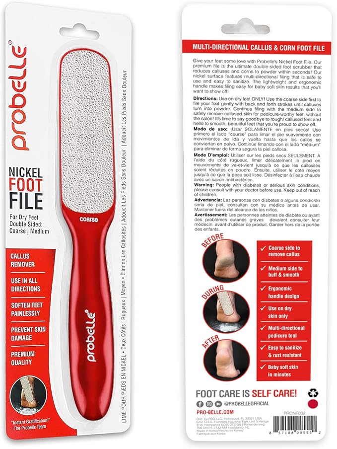 Probelle Double Sided Multidirectional Nickel Foot File Callus Remover - Immediately Reduces calluses and Corns to Powder for Instant Results, Safe Tool (Red)-Velvo Beauty
