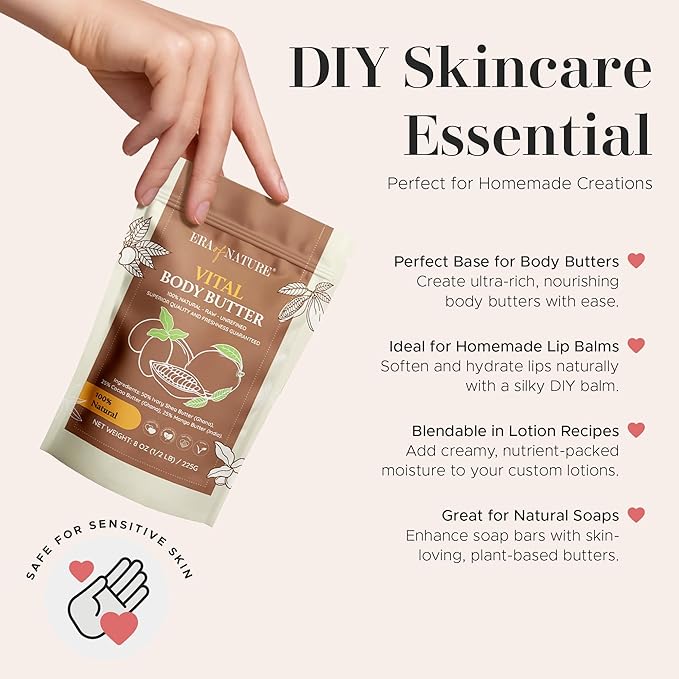 Era of Nature Organic Shea, Mango & Cocoa Body Butter – Raw, Unrefined, 100% Natural – Perfect Base for DIY Skincare, Body Butters, Lotions, Soaps & Lip Balms – Essential for Homemade Creations – 32oz-Velvo Beauty