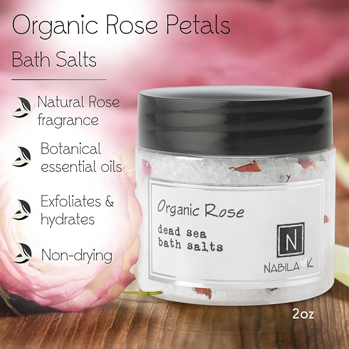 Organic Rose Bath Salts by Nabila K - Dead Sea Salt & Epsom Salt Scrub & Soak - Exfoliates & Hydrates Skin, Botanical Essential Oils - Bubble Bath Accessories for All Skins Types, 2 oz-Velvo Beauty