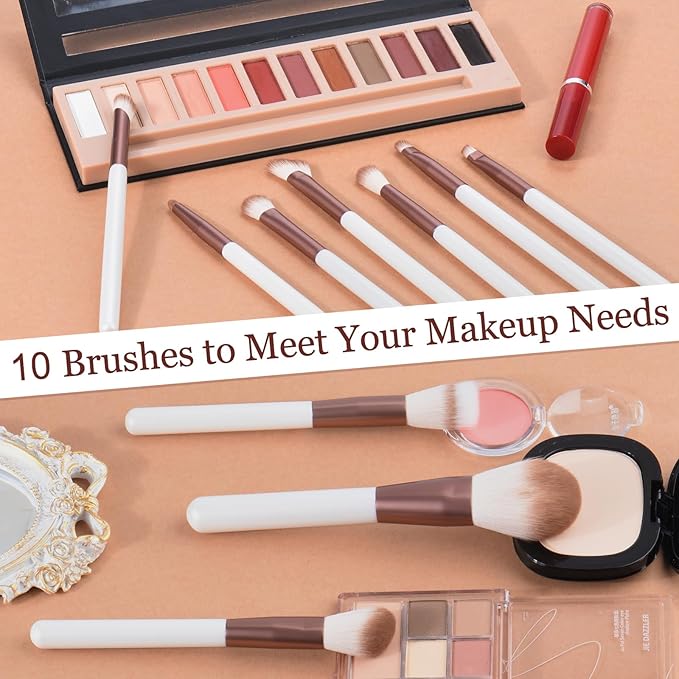 Makeup Brushes Set With Case 10Pcs White Makeup Brush Kit Foundation Eyeshadow Powder Blending Kabuki Eyebrow Eyelash Brushes Cosmetic Brush Travel Kit Gift (White+Brown)-Velvo Beauty