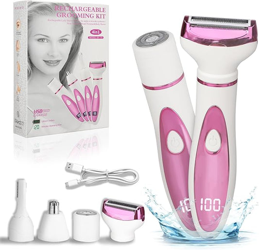 Electric Razor for Women Men,4 in 1 Painless Ladies Wet & Dry Body Razors and Facial Hair Remover,Rechargeable Led Display Hair Removal Kit for Nose Face Body Leg Bikini Arm Hair (Pink)-Velvo Beauty