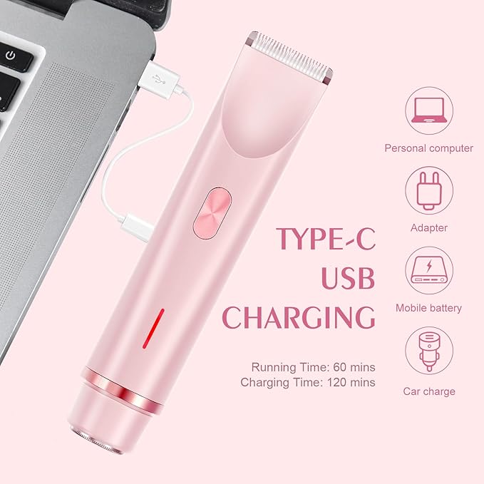 Bikini Trimmer for Women,Dermave Bikini Shaver,2-in-1 Electric Razors for Women(Pale Pink)-Velvo Beauty