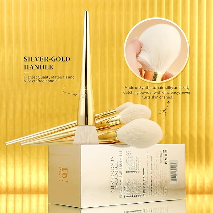 DUcare Makeup Brushes 15Pcs Makeup Brush Set with Holder Premium Synthetic Powder Foundation Contour Blush Concealer Eye Shadow Blending Liner Make Up Brush Kit gold-silver-Velvo Beauty