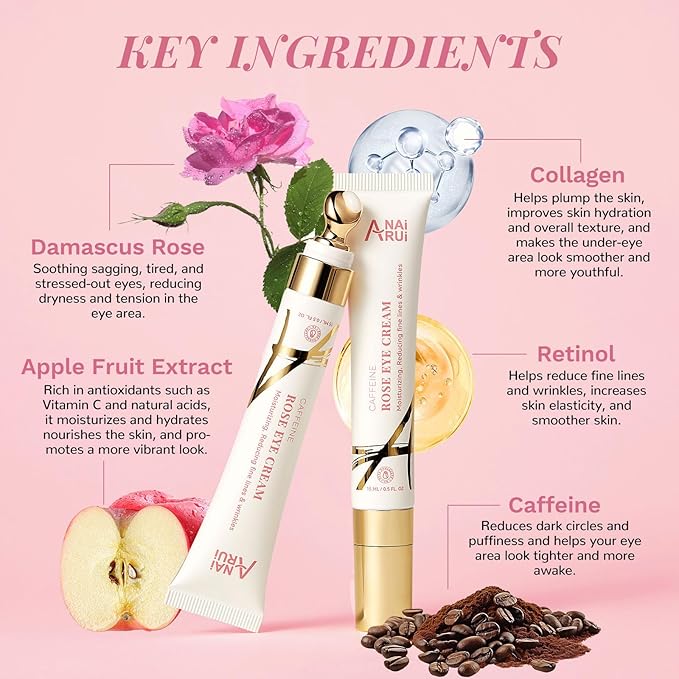 ANAI RUI Rose Caffeine Eye Cream for Dark Circles, Under Eye Serum for Puffiness Bags, Anti-Aging Eye Cream with Retinol, Collagen, Hydrating, Firming, Reduce Wrinkles and Fine Lines Daily 0.5 FL OZ-Velvo Beauty