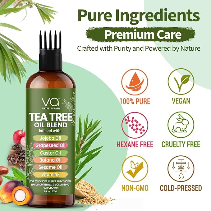 Tea Tree Oil For Hair With Jojoba, Castor, Batana Oil - Tea Tree Hair And Scalp Treatment - Hair Oil For Dandruff - Helps Strengthen, Volumize & Promotes Hair Growth - 6 Fl Oz-Velvo Beauty