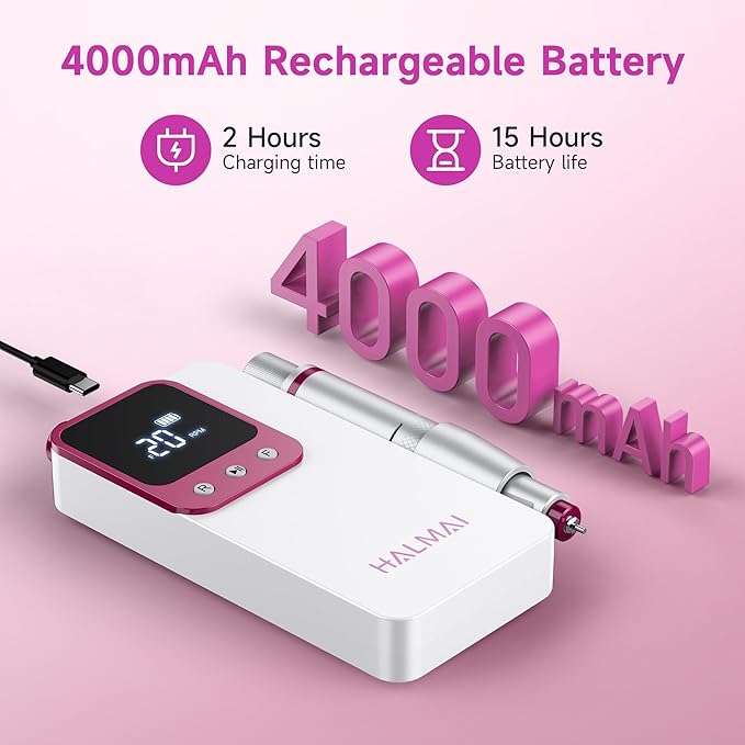 Electric Nail Drill Professional, Portable Nail File for Acrylic Gel Nails, Cordless Rechargeable Ultra Power Nail Drill Kit 40000RPM, HMC320 Salon-Grade Efile Nail Machine (White)-Velvo Beauty