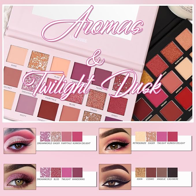 2Pcs Twilight Dusk + Aromas Nude Eyeshadow Palette Makeup Set, Matte Shimmer Glitter Pressed Pearl All Highly Pigmented Blending Powder, Natural Velvet Texture Eye Shadow Kit-Velvo Beauty