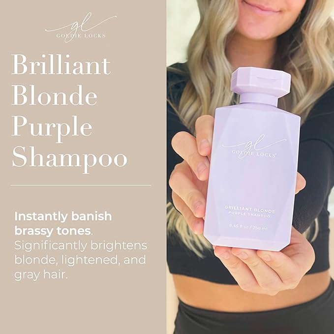 Goldie Locks Brilliant Blonde Purple Shampoo for Blonde, Lightened, Grey Hair & Extensions, Brightens, Tones, Eliminates Brass, Sulfate-Free, Nourishing, Moisturizing, Color Safe, 8.45 Fl Oz Bottle-Velvo Beauty