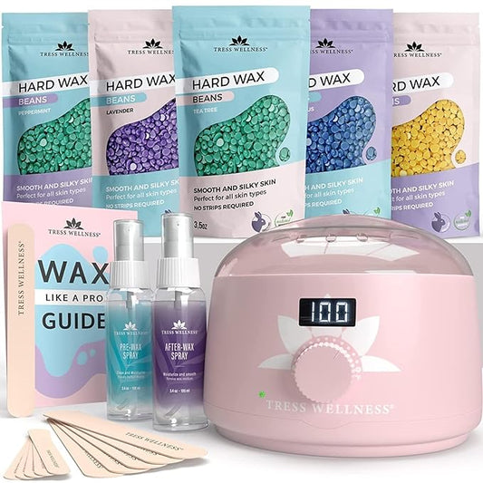Tress Wellness Waxing Kit for Sensitive Skin – Safe for Face & Skin, Prep & Aftercare Spray, Easy to Use – At-Home Kit for Face, Bikini, Brazilian & Full Body - Digital Display, Pink-Velvo Beauty