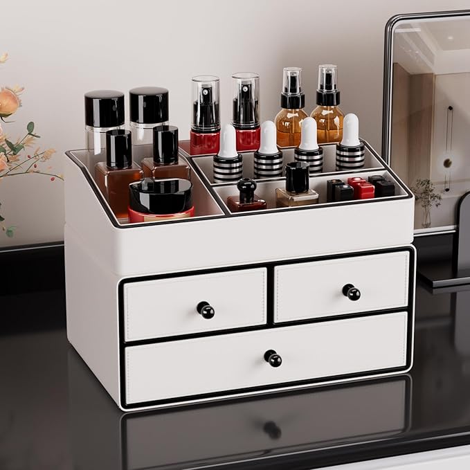GORESE Leather Makeup Organizer with Drawers for Vanity, Stackable Skincare Holder Dresser Organizer Countertop, Make Up Storage Organizers Counter Cosmetic Display Case Gifts for Women(Cream White)-Velvo Beauty